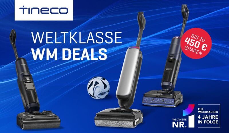Tineco FLOOR ONE S9 Artist Premium, S7 Stretch und S7 Max Pro mit WM-Deal Rabattkennzeichnungen bei MediaMarkt und OTTO